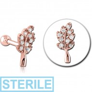 STERILE ROSE GOLD PVD COATED SURGICAL STEEL JEWELLED TRAGUS MICRO BARBELL - LEAF PIERCING