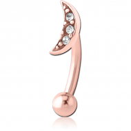 ROSE GOLD PVD COATED SURGICAL STEEL JEWELLED FANCY CURVED MICRO BARBELL - CRESCENT 3 GEMS PIERCING