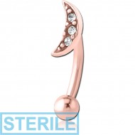 STERILE ROSE GOLD PVD COATED SURGICAL STEEL JEWELLED FANCY CURVED MICRO BARBELL - CRESCENT 3 GEMS PIERCING