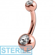 STERILE ROSE GOLD PVD COATED SURGICAL STEEL DOUBLE JEWELLED MINI NAVEL BANANA