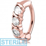 STERILE ROSE GOLD PVD COATED SURGICAL STEEL JEWELLED BELLY CLICKER - TRIPLE GEMS WITH LINES PIERCING