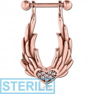 STERILE ROSE GOLD PVD COATED SURGICAL STEEL JEWELLED CARTILAGE SHIELD - HEART WITH WINGS PIERCING