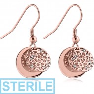 STERILE ROSE GOLD PVD COATED SURGICAL STEEL JEWELLED EARRINGS - TWO DISKS PIERCING