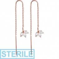 STERILE ROSE GOLD PVD COATED SURGICAL STEEL CHAIN JEWELLED EARRINGS PAIR - LEAF PIERCING