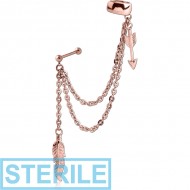 STERILE ROSE GOLD PVD COATED SURGICAL STEEL EAR CUFF CHAIN WITH FEATHER AND ARROW PIERCING