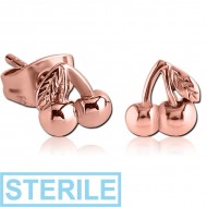 STERILE ROSE GOLD PVD COATED SURGICAL STEEL EAR STUDS PAIR - CHERRY PIERCING