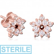 STERILE ROSE GOLD PVD COATED SURGICAL STEEL JEWELLED EAR STUDS PAIR - FLOWER PIERCING