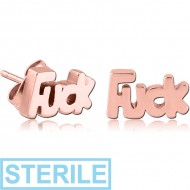 STERILE ROSE GOLD PVD COATED SURGICAL STEEL EAR STUDS PAIR - FUCK PIERCING