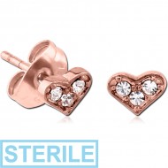 STERILE ROSE GOLD PVD COATED SURGICAL STEEL JEWELLED EAR STUDS PAIR - HEART PIERCING