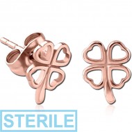 STERILE ROSE GOLD PVD COATED SURGICAL STEEL EAR STUDS PAIR - SHAMROCK PIERCING