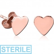 STERILE ROSE GOLD PVD COATED SURGICAL STEEL EAR STUDS PAIR - HEART FLAT PIERCING