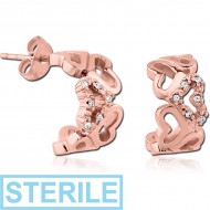 STERILE ROSE GOLD PVD COATED SURGICAL STEEL JEWELLED EAR STUDS PAIR - U SHAPE HEARTS PIERCING