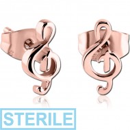 STERILE ROSE GOLD PVD COATED SURGICAL STEEL EAR STUDS PAIR - MUSIC NOTE PIERCING