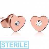 STERILE ROSE GOLD PVD COATED SURGICAL STEEL JEWELLED EAR STUDS PAIR - HEART PIERCING
