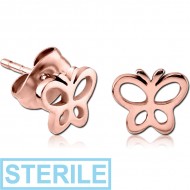 STERILE ROSE GOLD PVD COATED SURGICAL STEEL EAR STUDS PAIR - BUTTERFLY PIERCING