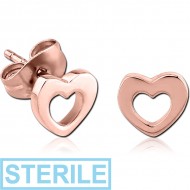 STERILE ROSE GOLD PVD COATED SURGICAL STEEL EAR STUDS PAIR - HEART PIERCING
