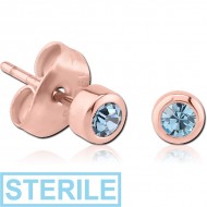 STERILE ROSE GOLD PVD COATED SURGICAL STEEL JEWELLED EAR STUDS PAIR PIERCING
