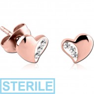 STERILE ROSE GOLD PVD COATED SURGICAL STEEL CRYSTALINE JEWELLED EAR STUDS PAIR - HEART PIERCING