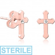 STERILE ROSE GOLD PVD COATED SURGICAL STEEL JEWELLED EAR STUDS - CROSS PIERCING