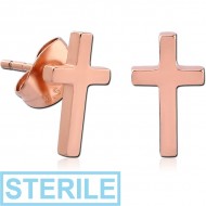 STERILE ROSE GOLD PVD COATED SURGICAL STEEL EAR STUDS PAIR - CROSS PIERCING