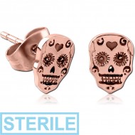 STERILE ROSE GOLD PVD COATED SURGICAL STEEL EAR STUDS PAIR - FANCY SKULL PIERCING