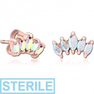 STERILE ROSE GOLD PVD COATED SURGICAL STEEL JEWELLED EAR STUDS PAIR - FIVE GEMS PIERCING