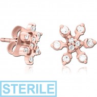 STERILE ROSE GOLD PVD COATED SURGICAL STEEL JEWELLED EAR STUDS PAIR - SNOWFLAKE PIERCING