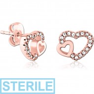 STERILE ROSE GOLD PVD COATED SURGICAL STEEL JEWELLED EAR STUDS PAIR PIERCING