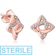 STERILE ROSE GOLD PVD COATED SURGICAL STEEL JEWELLED EAR STUDS PAIR PIERCING