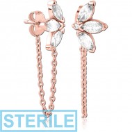 STERILE ROSE GOLD PVD COATED SURGICAL STEEL JEWELLED EAR STUDS PAIR PIERCING
