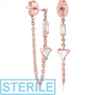 STERILE ROSE GOLD PVD COATED SURGICAL STEEL JEWELLED EAR STUDS PAIR PIERCING