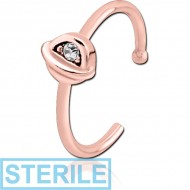 STERILE ROSE GOLD PVD COATED SURGICAL STEEL JEWELLED OPEN NOSE RING - HALF OPEN EYE PIERCING