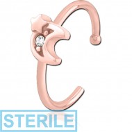 STERILE ROSE GOLD PVD COATED SURGICAL STEEL JEWELLED OPEN NOSE RING - CRESCENT AND STAR PIERCING