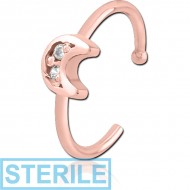 STERILE ROSE GOLD PVD COATED SURGICAL STEEL JEWELLED OPEN NOSE RING - CRESCENT PRONGS PIERCING
