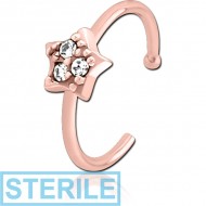 STERILE ROSE GOLD PVD COATED SURGICAL STEEL JEWELLED OPEN NOSE RING - STAR PRONGS PIERCING