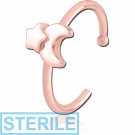 STERILE ROSE GOLD PVD COATED SURGICAL STEEL OPEN NOSE RING - CRESCENT AND STAR PIERCING