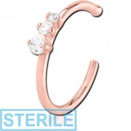STERILE ROSE GOLD PVD COATED SURGICAL STEEL JEWELLED OPEN NOSE RING PIERCING