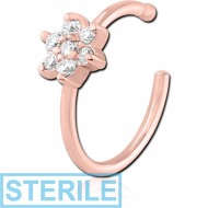 STERILE ROSE GOLD PVD COATED SURGICAL STEEL JEWELLED OPEN NOSE RING PIERCING