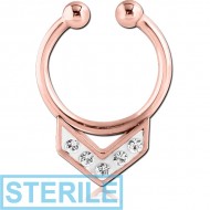 STERILE ROSE GOLD PVD COATED SURGICAL STEEL CRYSTALINE JEWELLED FAKE SEPTUM RING - V PIERCING