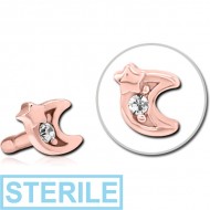 STERILE ROSE GOLD PVD COATED SURGICAL STEEL JEWELLED PUSH FIT ATTACHMENT FOR BIOFLEX INTERNAL LABRET - CRESCENT AND STAR PIERCING