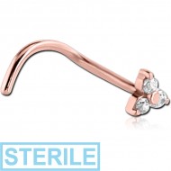 STERILE ROSE GOLD PVD COATED SURGICAL STEEL CURVED PRONG SET JEWELLED TRINITY NOSE STUD PIERCING
