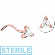 STERILE ROSE GOLD PVD COATED SURGICAL STEEL CURVED JEWELLED NOSE STUD - TRIANGLE