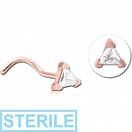 STERILE ROSE GOLD PVD COATED SURGICAL STEEL CURVED JEWELLED NOSE STUD - TRIANGLE PIERCING