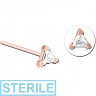 STERILE ROSE GOLD PVD COATED SURGICAL STEEL STRAIGHT JEWELLED NOSE STUD - TRIANGLE PIERCING