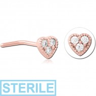 STERILE ROSE GOLD PVD COATED SURGICAL STEEL 90 DEGREE JEWELLED NOSE STUD - HEART PIERCING