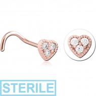 STERILE ROSE GOLD PVD COATED SURGICAL STEEL CURVED JEWELLED NOSE STUD - HEART PIERCING