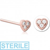 STERILE ROSE GOLD PVD COATED SURGICAL STEEL STRAIGHT JEWELLED NOSE STUD - HEART PIERCING