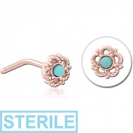 STERILE ROSE GOLD PVD COATED SURGICAL STEEL 90 DEGREE JEWELLED NOSE STUD - FLOWER PIERCING