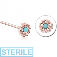 STERILE ROSE GOLD PVD COATED SURGICAL STEEL STRAIGHT JEWELLED NOSE STUD - FLOWER PIERCING
