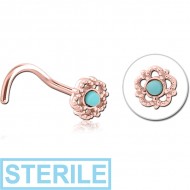 STERILE ROSE GOLD PVD COATED SURGICAL STEEL CURVED JEWELLED NOSE STUD - FLOWER PIERCING